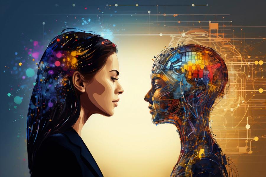 Human brain and artificial intelligence concept showing contrast between creativity and machine logic