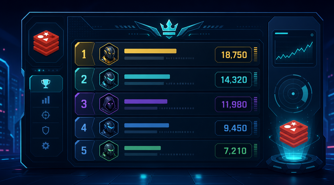Redis leaderboard system showing ranked players with scores on a futuristic digital screen