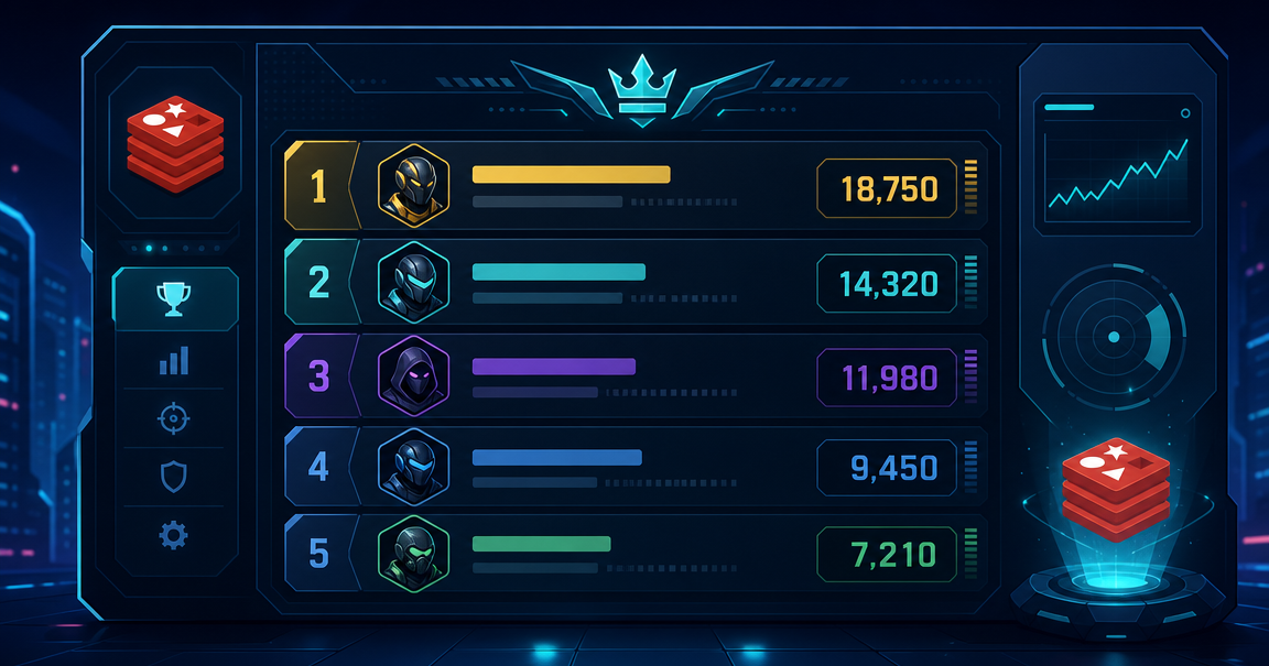 Redis leaderboard system showing ranked players with scores on a futuristic digital screen