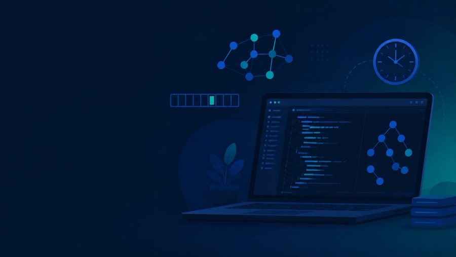 Illustration of a Meta coding interview: a laptop with a code editor showing an algorithm, surrounded by abstract graph nodes, arrays and a clock signalling time pressure, on a dark navy background.