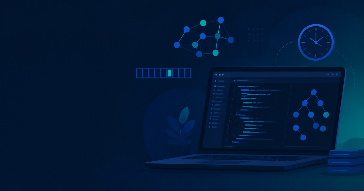 Illustration of a Meta coding interview: a laptop with a code editor showing an algorithm, surrounded by abstract graph nodes, arrays and a clock signalling time pressure, on a dark navy background.
