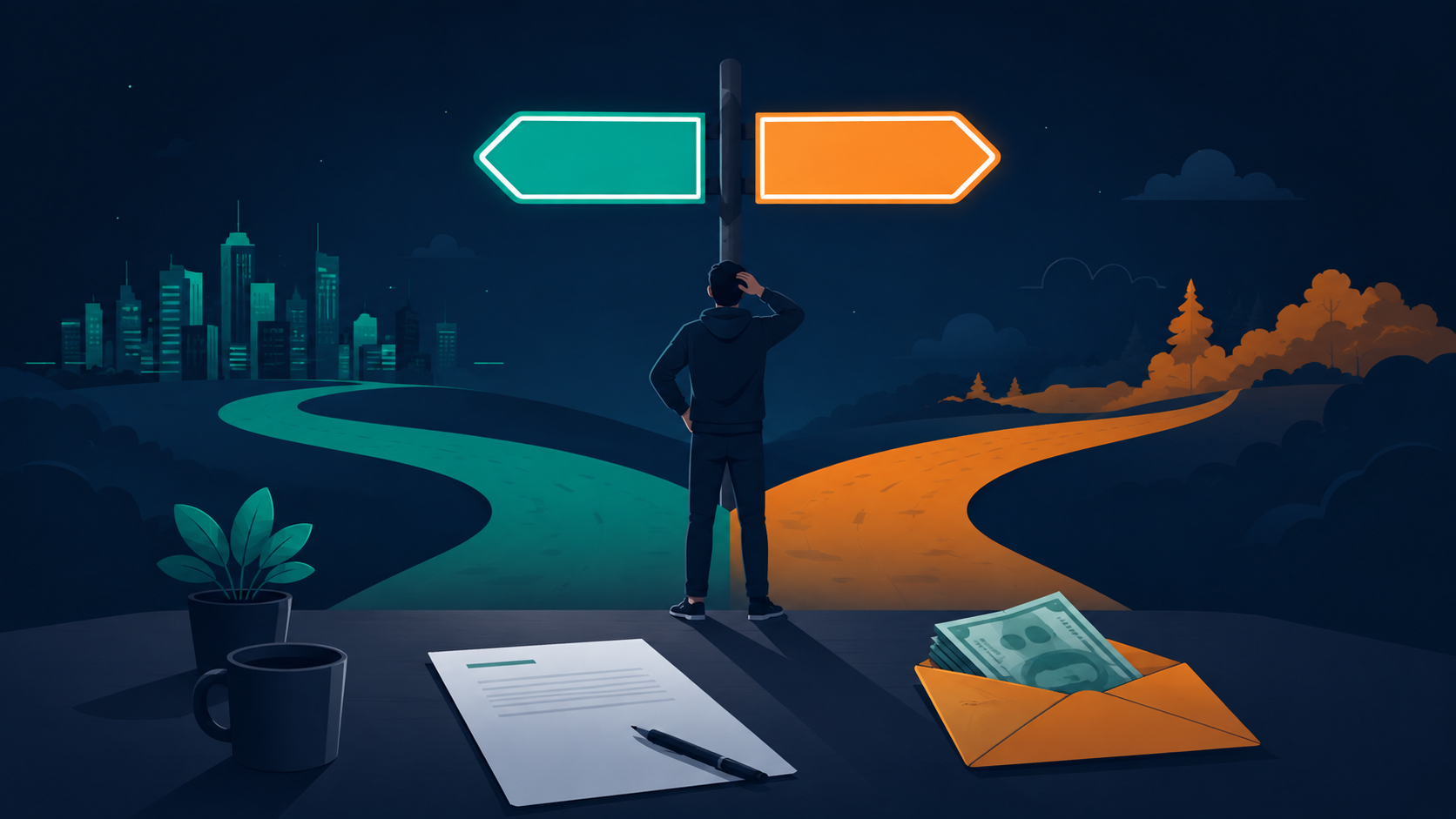 Engineer at a crossroads between a green stay path and an orange leave path after a counter offer