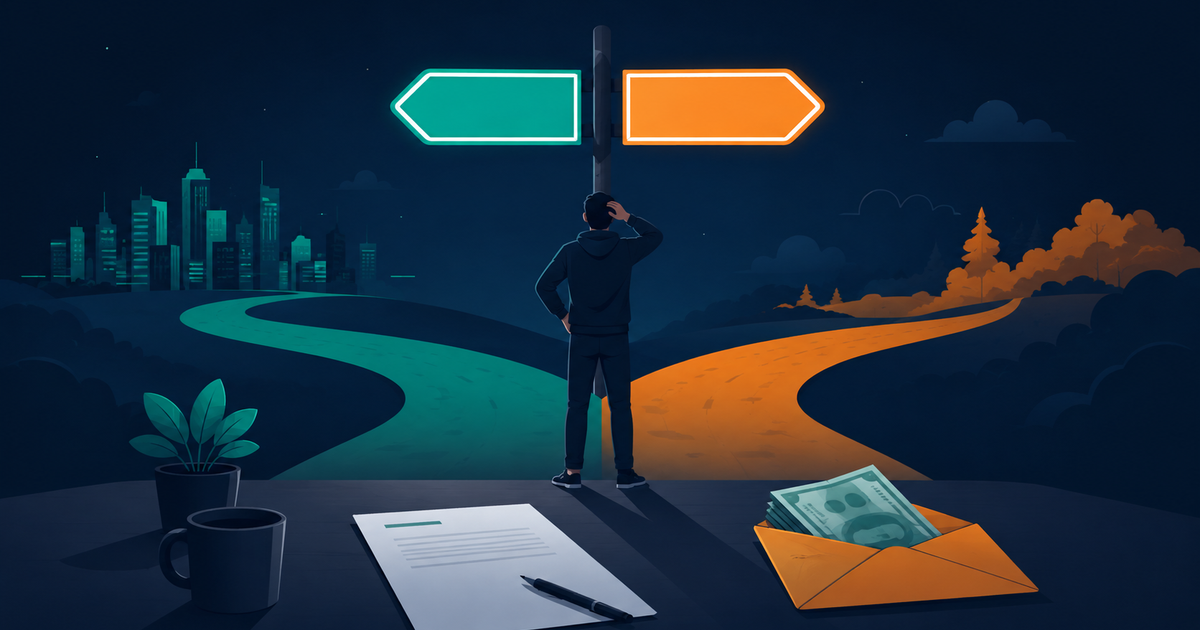 Engineer at a crossroads between a green stay path and an orange leave path after a counter offer