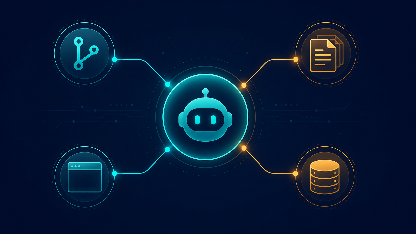 Illustration of an AI coding assistant hub connected to code, documentation, browser and database MCP servers