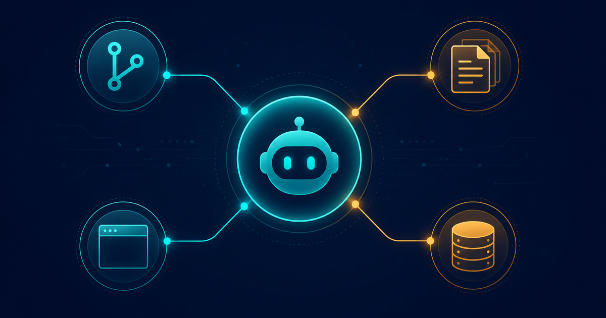 Illustration of an AI coding assistant hub connected to code, documentation, browser and database MCP servers