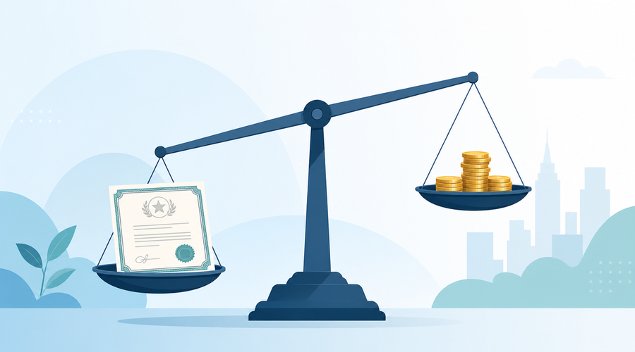A startup stock option on a balance scale, tipping between a pile of gold coins and nothing
