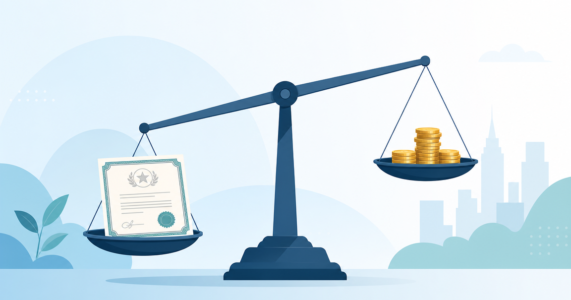 A startup stock option on a balance scale, tipping between a pile of gold coins and nothing