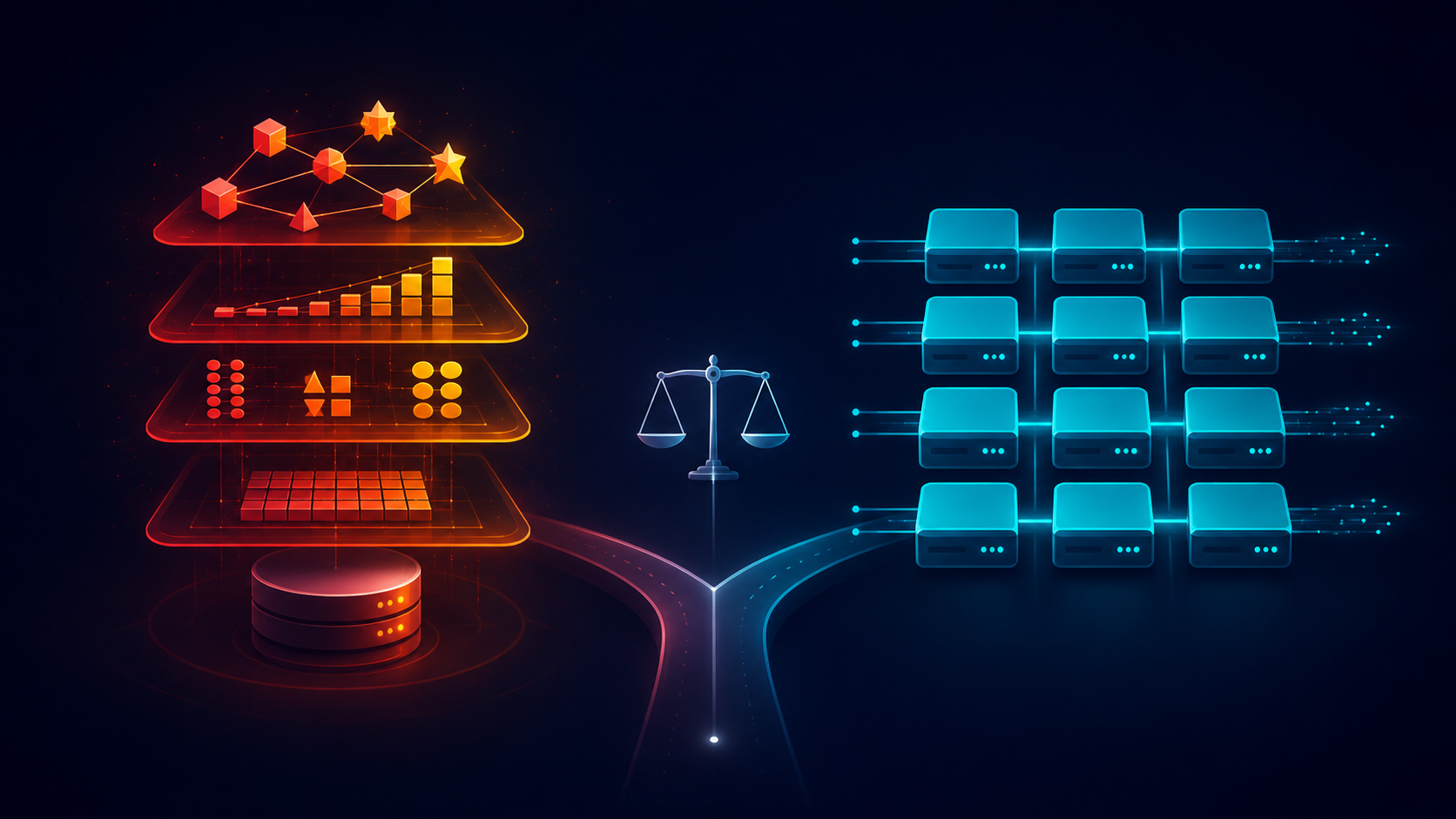 Editorial illustration of choosing between Redis and Memcached. On the left a richly structured glowing data engine of stacked layers and geometric shapes with a small disk underneath represents Redis with its data structures and persistence. On the right a simple repeated grid of identical fast cache boxes connected by parallel lines represents Memcached as a plain horizontally sharded blob cache. A decision fork in the center suggests the tradeoff between power and simplicity.