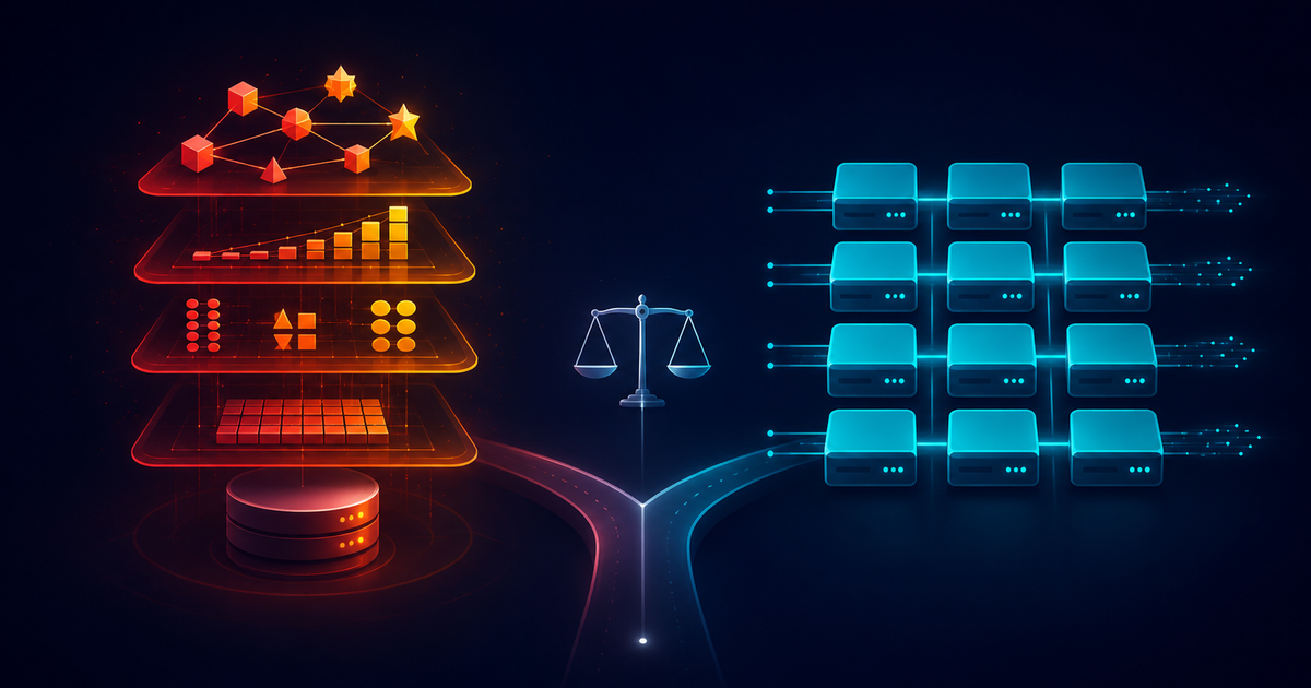 Editorial illustration of choosing between Redis and Memcached. On the left a richly structured glowing data engine of stacked layers and geometric shapes with a small disk underneath represents Redis with its data structures and persistence. On the right a simple repeated grid of identical fast cache boxes connected by parallel lines represents Memcached as a plain horizontally sharded blob cache. A decision fork in the center suggests the tradeoff between power and simplicity.