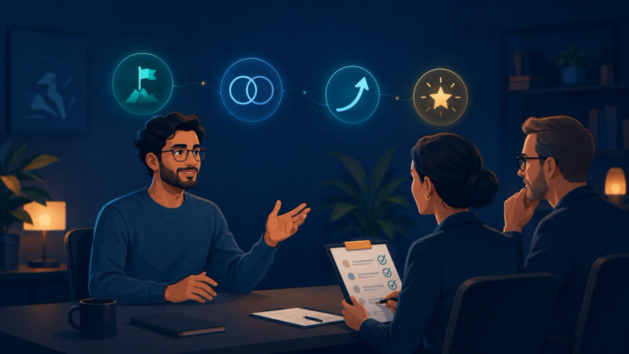 Editorial illustration of a software engineer telling a structured STAR story to a FAANG interview panel, with glowing icons for ownership, collaboration, growth, and leadership, and an interviewer marking a rubric scorecard