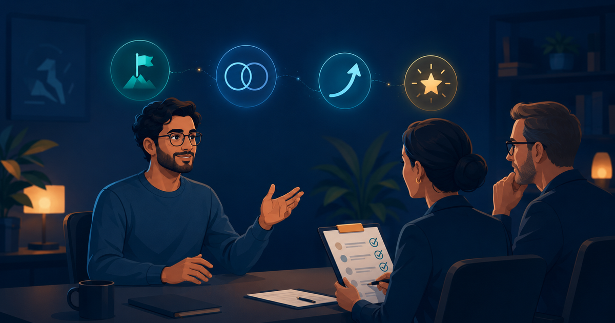 Editorial illustration of a software engineer telling a structured STAR story to a FAANG interview panel, with glowing icons for ownership, collaboration, growth, and leadership, and an interviewer marking a rubric scorecard