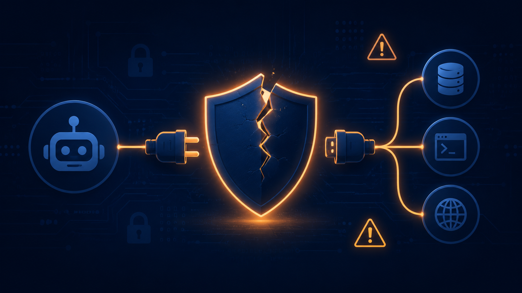 Cracked glowing shield between an AI agent and its connected tools, illustrating MCP security risks