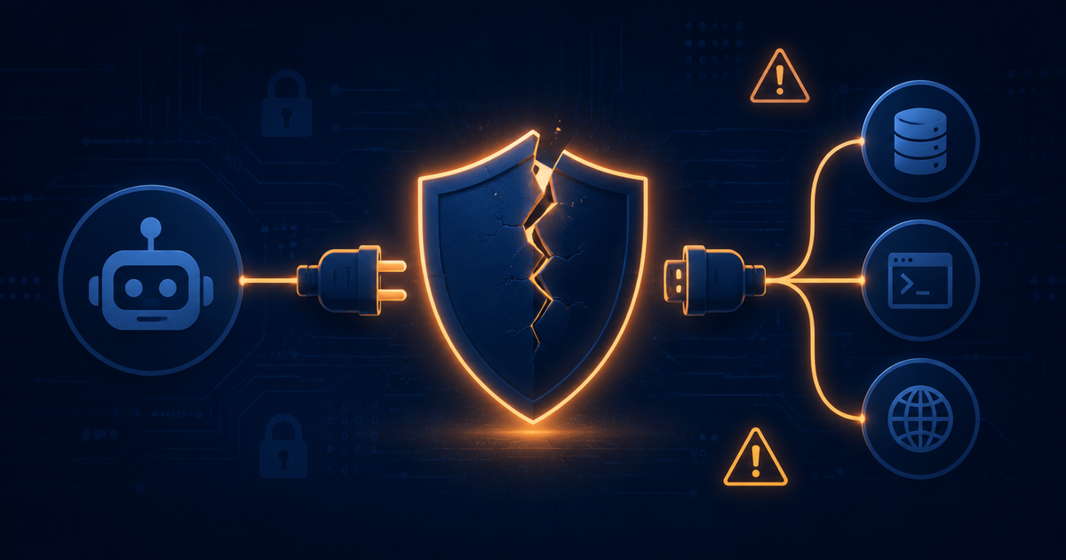Cracked glowing shield between an AI agent and its connected tools, illustrating MCP security risks