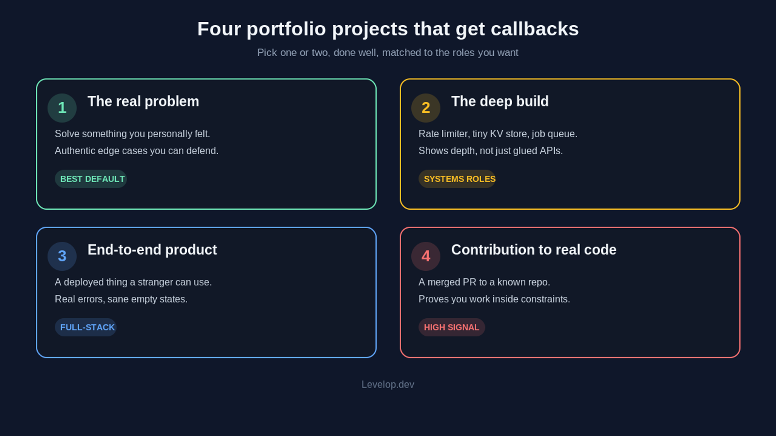 Four categories of software engineer portfolio projects that get callbacks. One, the real problem you personally felt, the best default choice, with authentic edge cases you can defend. Two, the deep technical build such as a rate limiter, a tiny key-value store, or a job queue, best for systems roles because it shows depth rather than glued-together APIs. Three, an end-to-end product that a stranger can actually use with real error handling and sane empty states, best for full-stack roles. Four, a contribution to real code such as a merged pull request to a known repository, a high-signal choice because it proves you can work inside existing constraints.