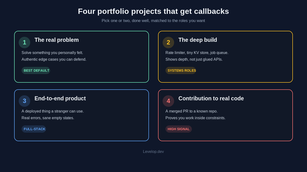 Four categories of software engineer portfolio projects that get callbacks. One, the real problem you personally felt, the best default choice, with authentic edge cases you can defend. Two, the deep technical build such as a rate limiter, a tiny key-value store, or a job queue, best for systems roles because it shows depth rather than glued-together APIs. Three, an end-to-end product that a stranger can actually use with real error handling and sane empty states, best for full-stack roles. Four, a contribution to real code such as a merged pull request to a known repository, a high-signal choice because it proves you can work inside existing constraints.