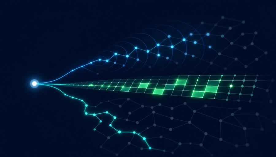 Three glowing paths branch from one starting node: expanding rings for BFS, a deep winding branch for DFS, and a reused grid for DP, exploring the same network