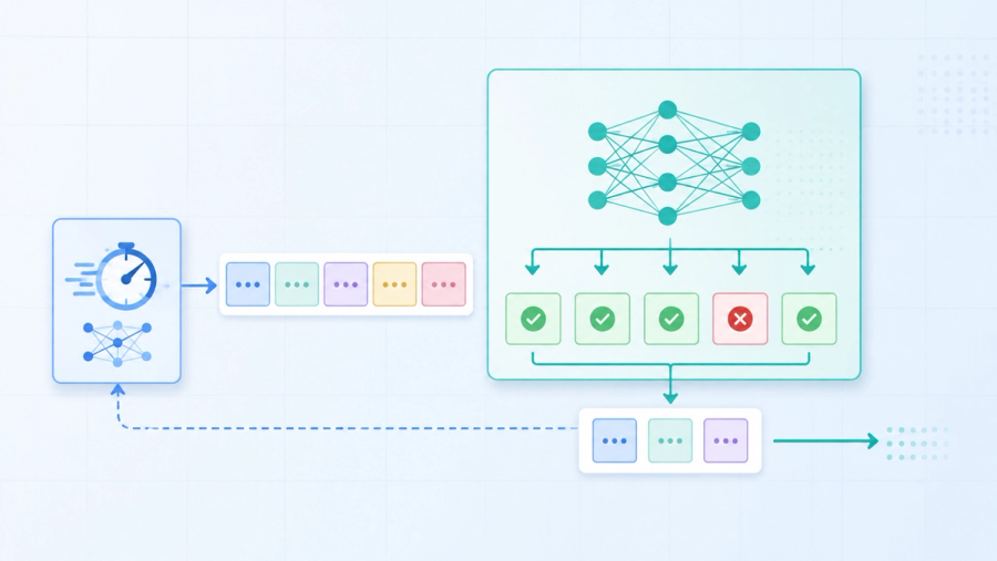 Speculative decoding banner: a small draft model proposes tokens and a large target model verifies them in parallel for faster LLM inference