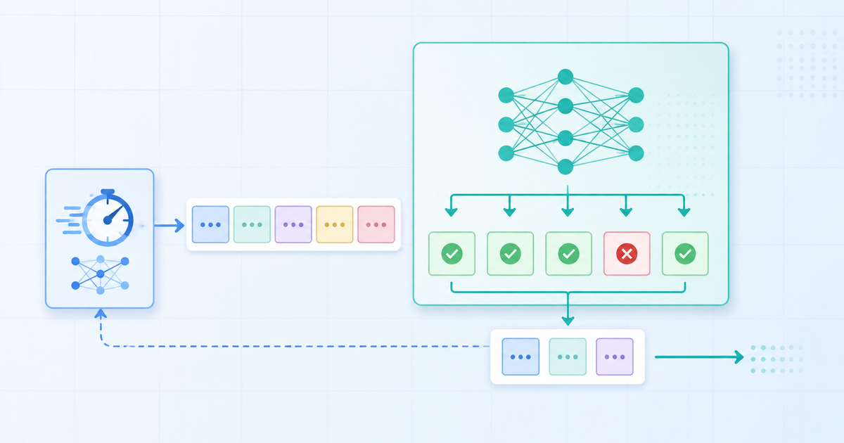 Speculative decoding banner: a small draft model proposes tokens and a large target model verifies them in parallel for faster LLM inference