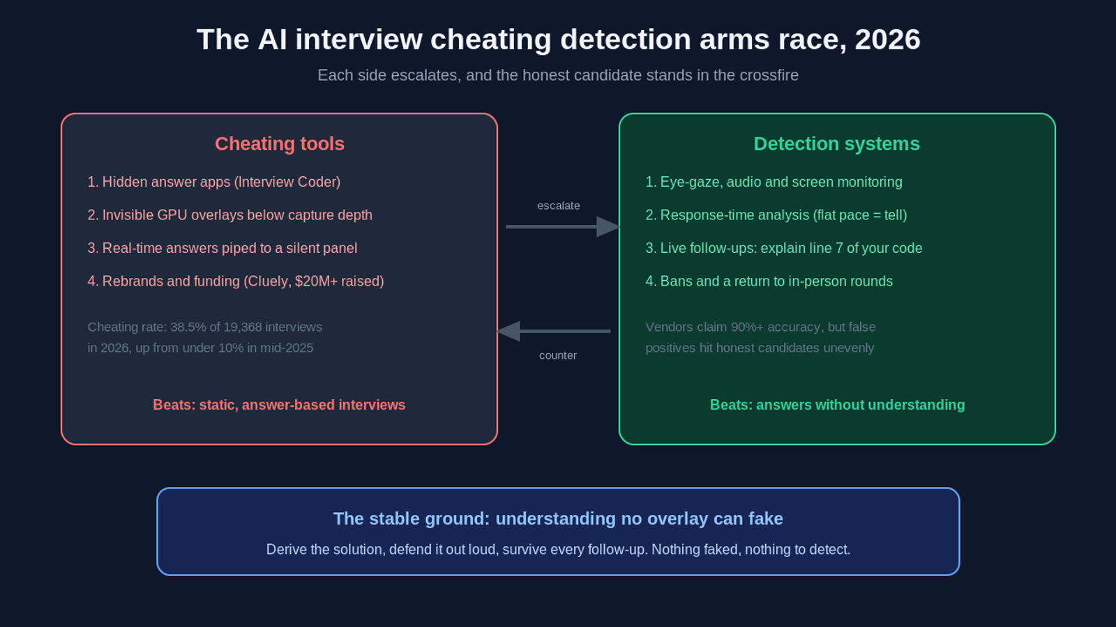 AI interview cheating detection arms race in 2026: cheating tool tactics on one side, online proctoring detection signals and live follow-up questions on the other