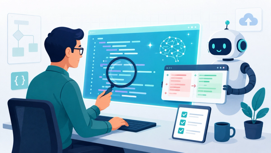 Editorial illustration of an engineer carefully reviewing AI-generated code with a checklist and magnifying glass before shipping vibe coding apps to production