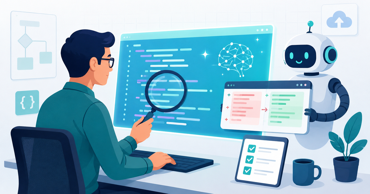 Editorial illustration of an engineer carefully reviewing AI-generated code with a checklist and magnifying glass before shipping vibe coding apps to production