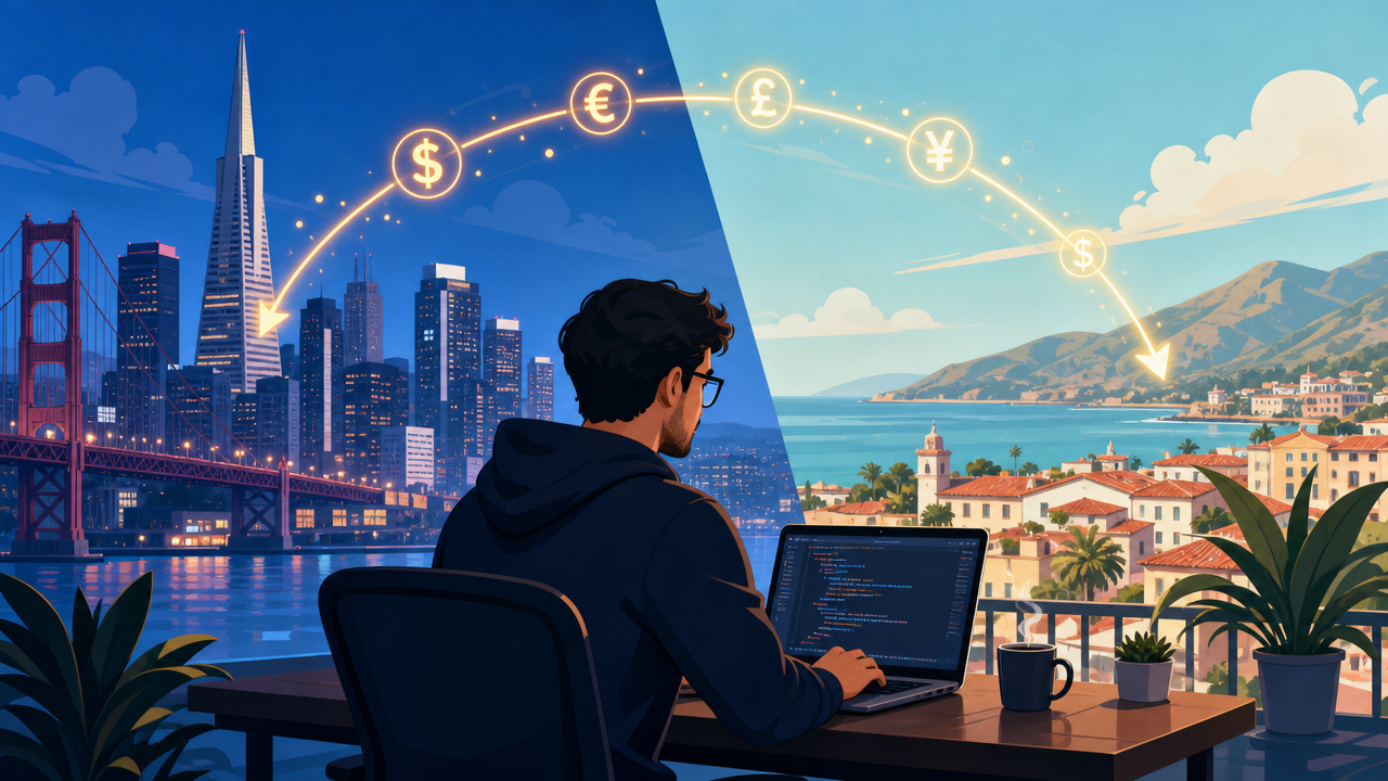 Remote salary arbitrage: engineer comparing Bay Area salary against living costs in other cities