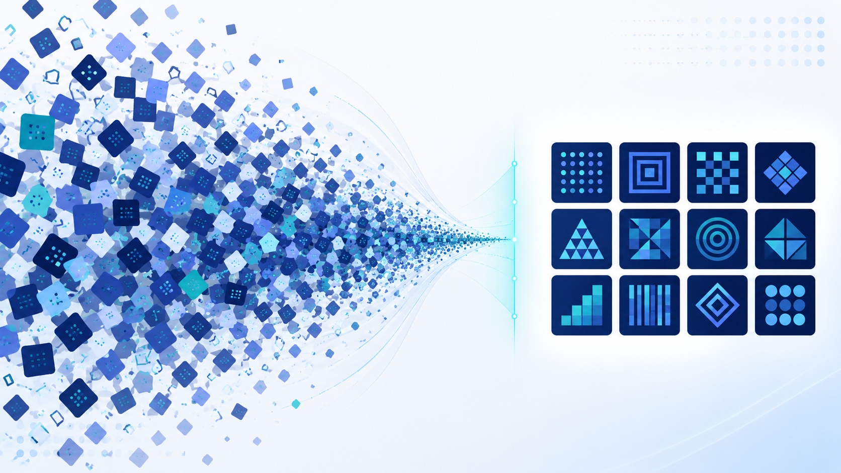 Thousands of scattered coding problems funneling into twelve organized coding interview pattern blocks