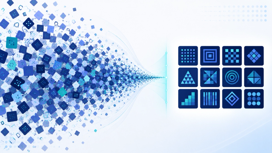 Thousands of scattered coding problems funneling into twelve organized coding interview pattern blocks