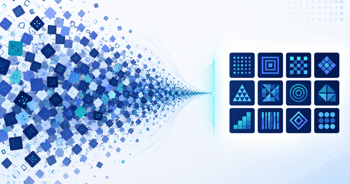 Thousands of scattered coding problems funneling into twelve organized coding interview pattern blocks