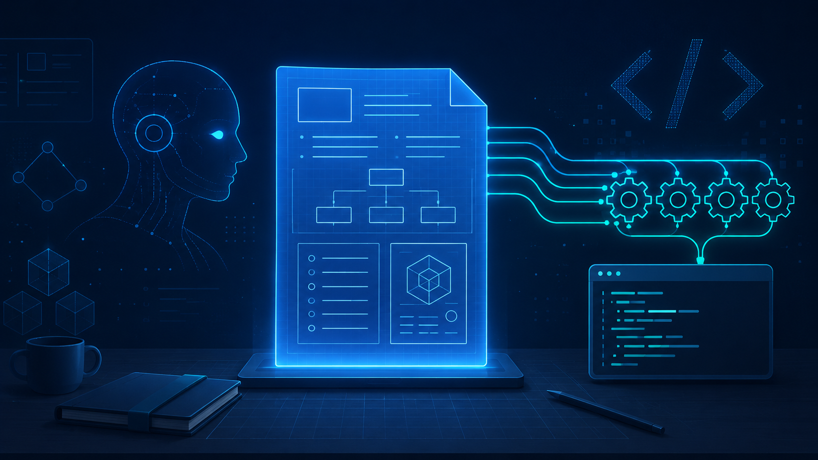Editorial illustration of a central specification blueprint feeding a command-line tool that turns the written spec into working software
