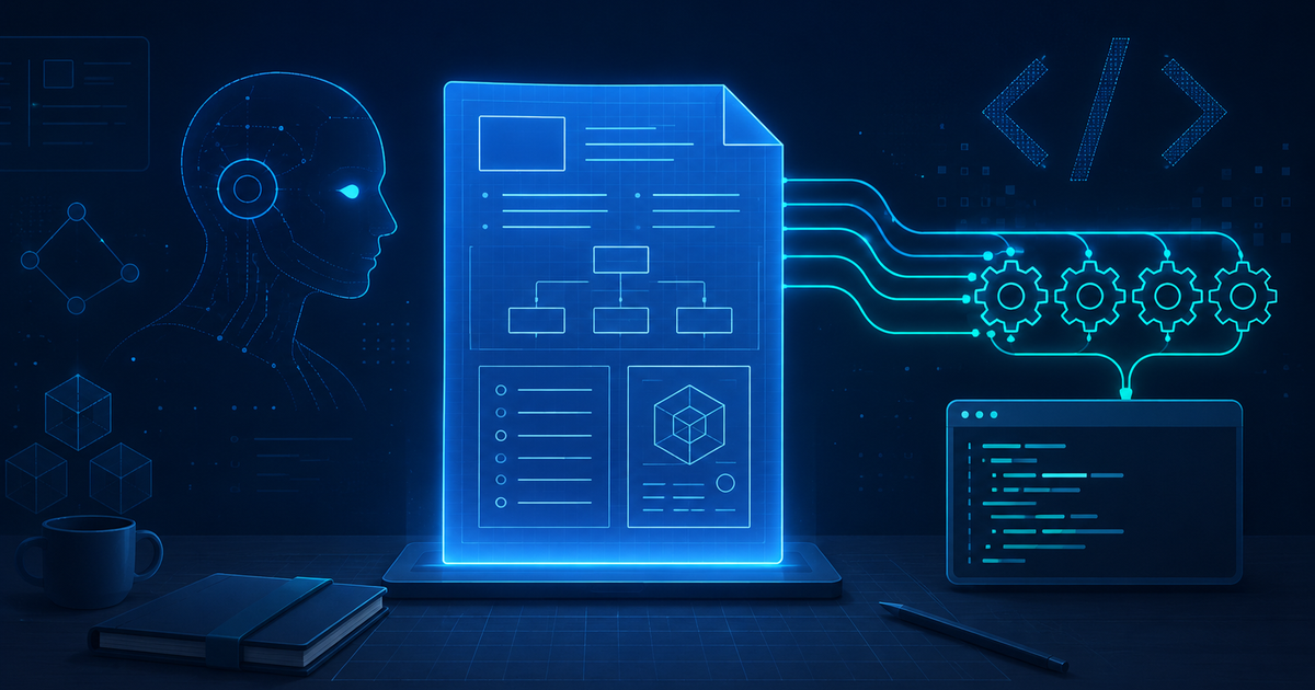 Editorial illustration of a central specification blueprint feeding a command-line tool that turns the written spec into working software
