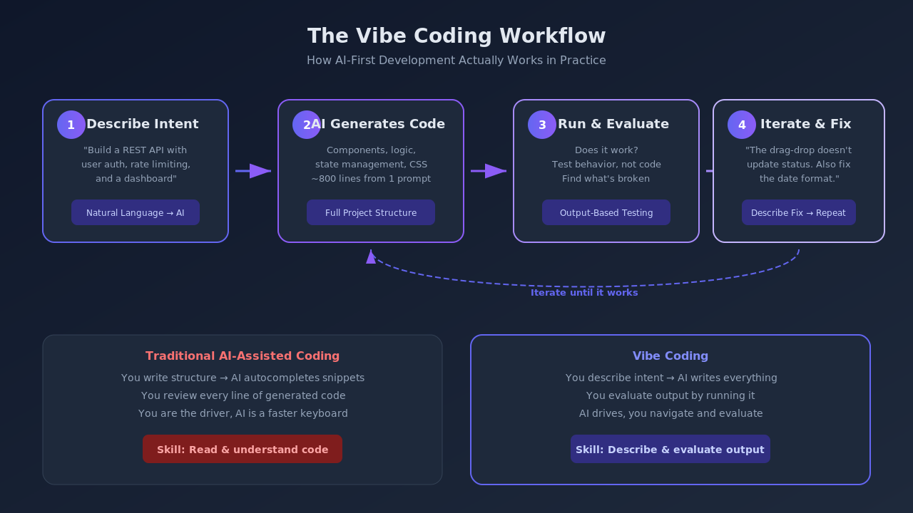The Vibe Coding Workflow - 4-step process from describing intent to iterating with AI feedback