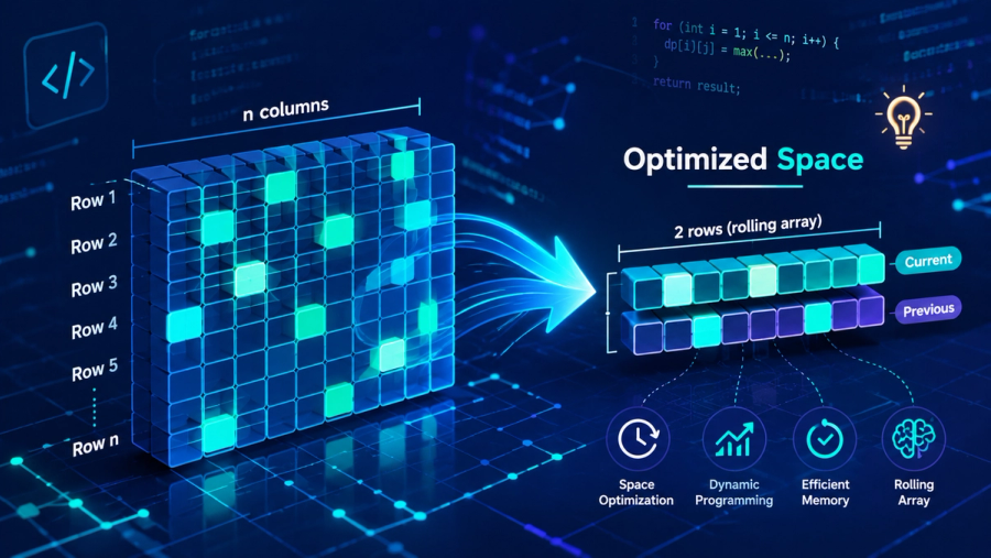 Abstract illustration of a 3D grid being compressed into fewer rows, representing dynamic programming space optimization