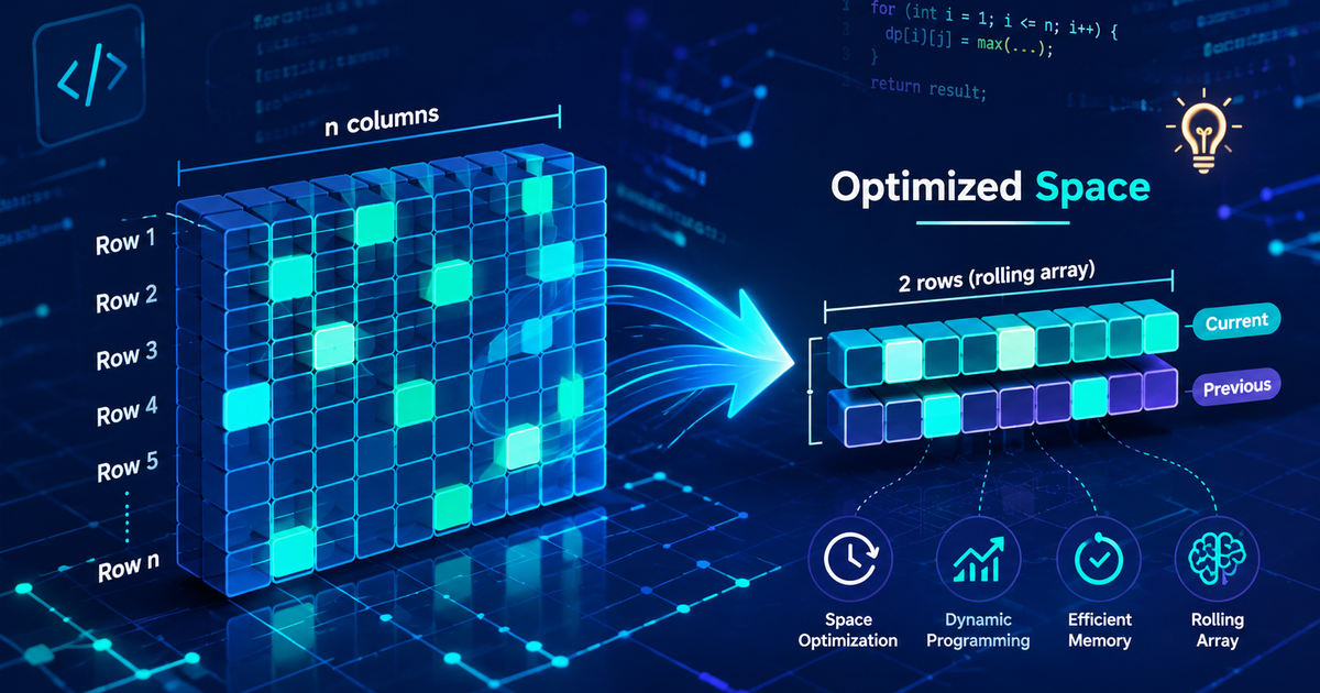 Abstract illustration of a 3D grid being compressed into fewer rows, representing dynamic programming space optimization