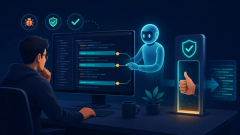 Editorial illustration of a developer reviewing code while an AI assistant highlights specific lines and leaves annotations, with a human approval gate giving the final sign-off before the code merges, representing AI code review with a human in the loop