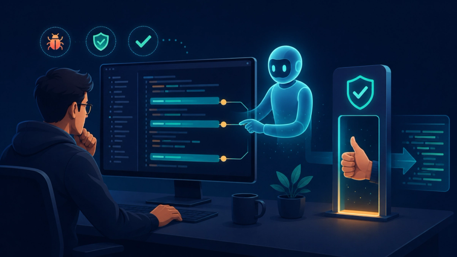 Editorial illustration of a developer reviewing code while an AI assistant highlights specific lines and leaves annotations, with a human approval gate giving the final sign-off before the code merges, representing AI code review with a human in the loop