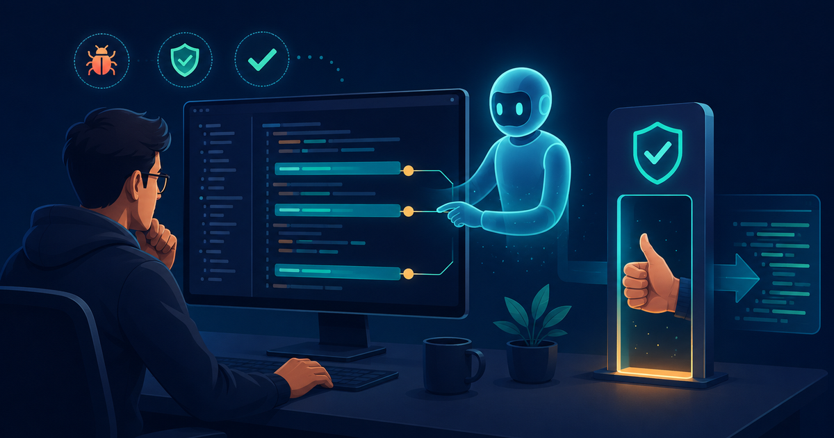 Editorial illustration of a developer reviewing code while an AI assistant highlights specific lines and leaves annotations, with a human approval gate giving the final sign-off before the code merges, representing AI code review with a human in the loop