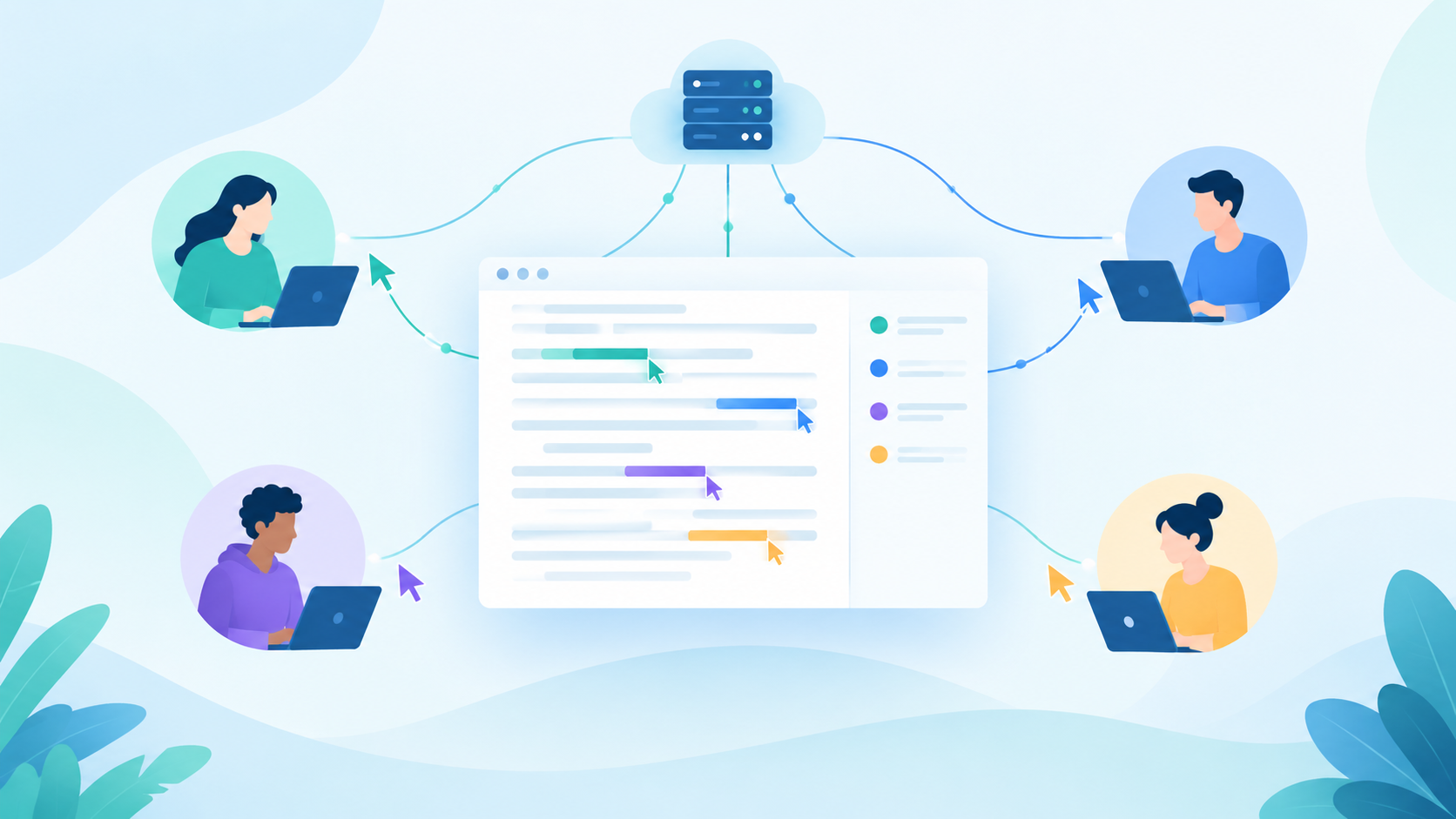 Multiple users editing a shared document in real time with cursors converging to a central server