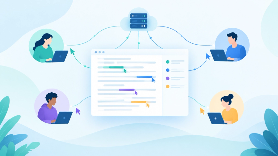 Multiple users editing a shared document in real time with cursors converging to a central server