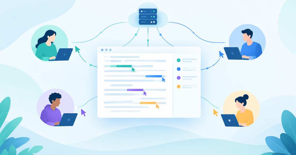 Multiple users editing a shared document in real time with cursors converging to a central server