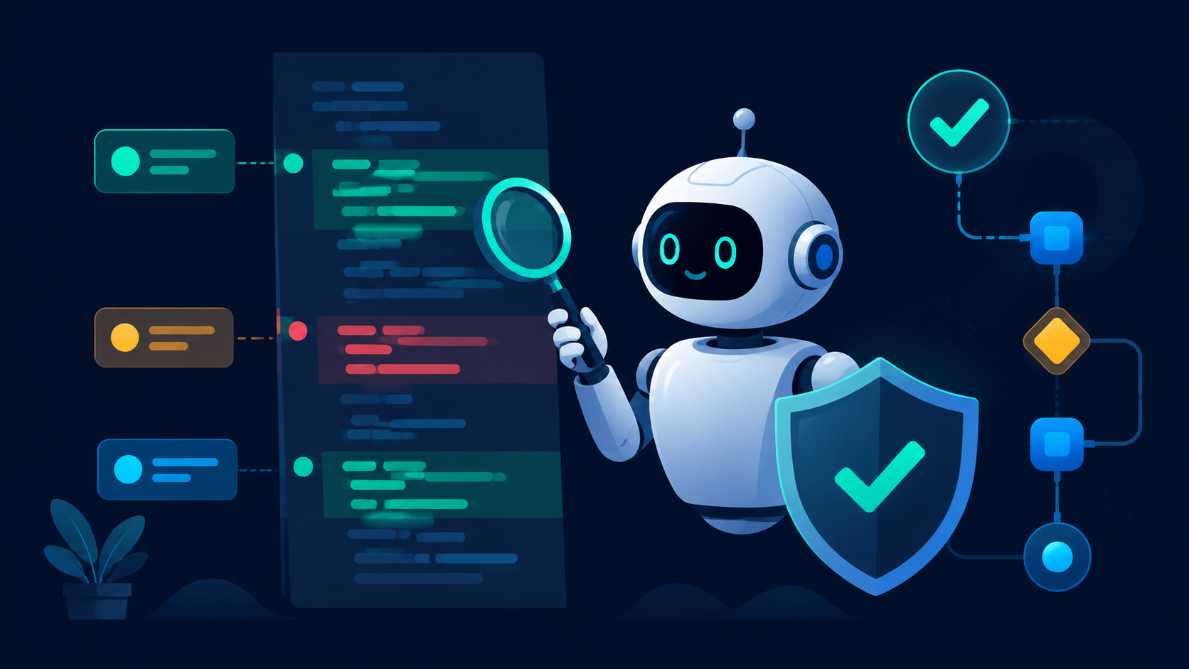 Editorial illustration of an AI assistant reviewing code on a GitHub pull request inside an automated CI/CD pipeline, inspecting a diff of green and red lines and leaving inline comment bubbles, surrounded by pipeline nodes, a gear, a checkmark, a security shield, and a merge symbol, while a developer watches from the side