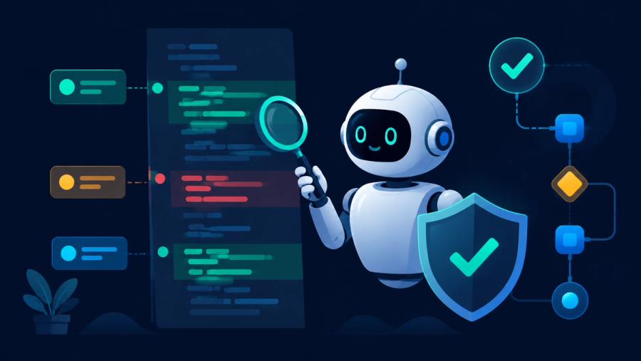 Editorial illustration of an AI assistant reviewing code on a GitHub pull request inside an automated CI/CD pipeline, inspecting a diff of green and red lines and leaving inline comment bubbles, surrounded by pipeline nodes, a gear, a checkmark, a security shield, and a merge symbol, while a developer watches from the side