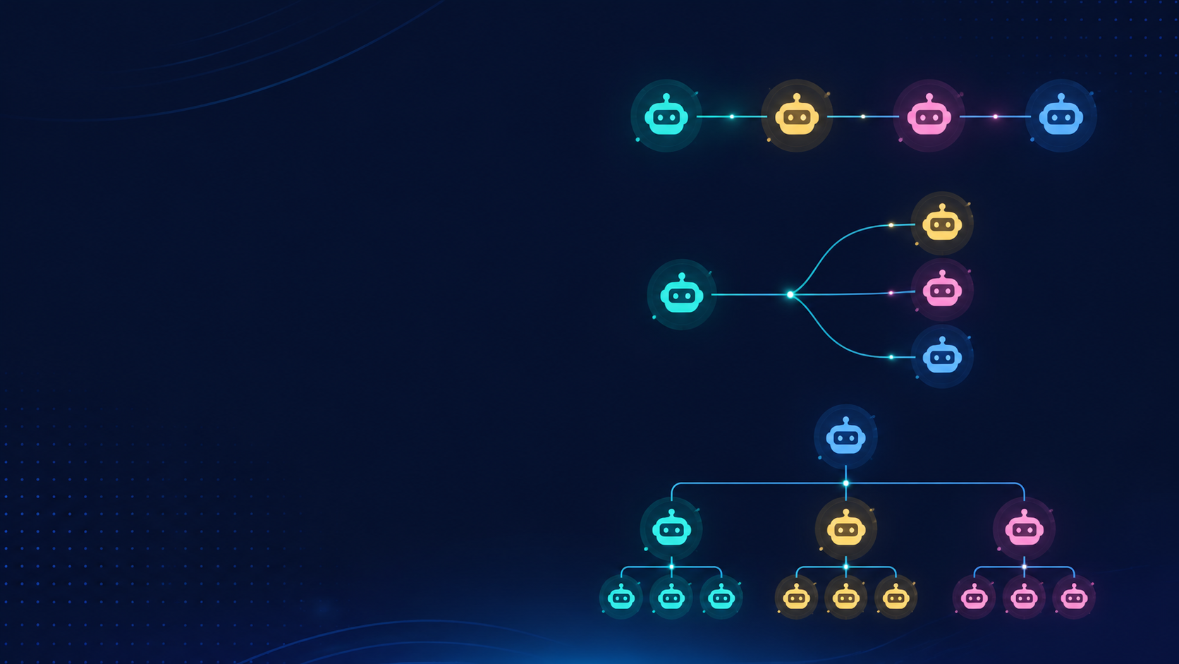 Editorial banner illustration for multi-agent orchestration patterns, showing connected agent nodes arranged in a chain, a fan-out, and a supervisor tree on a dark navy background.
