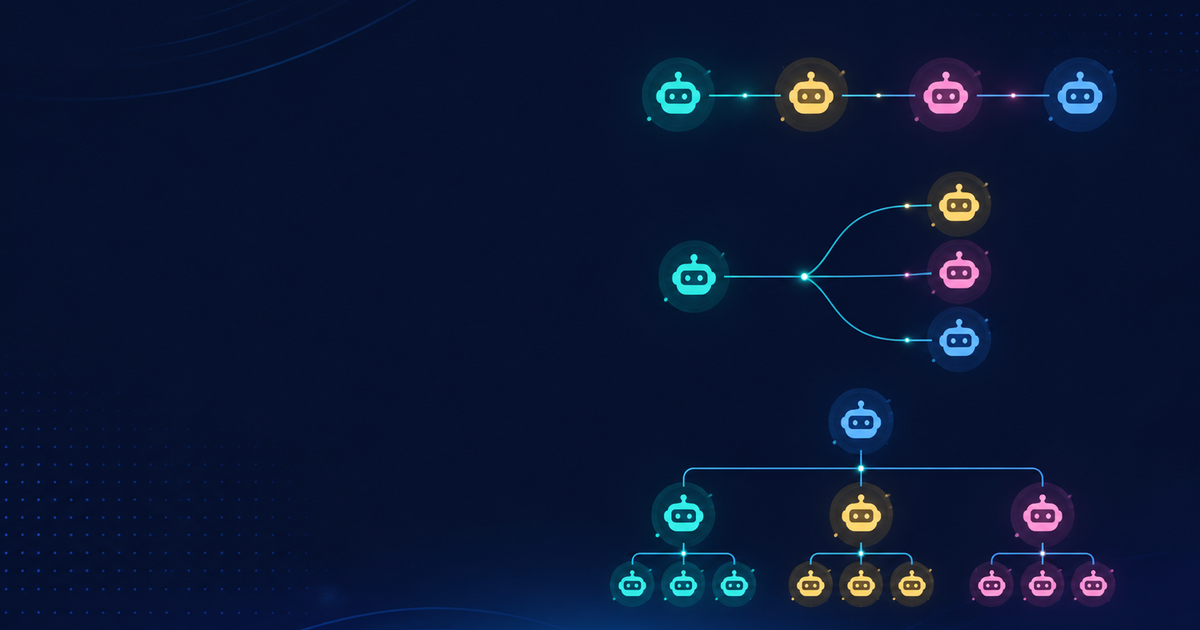 Editorial banner illustration for multi-agent orchestration patterns, showing connected agent nodes arranged in a chain, a fan-out, and a supervisor tree on a dark navy background.