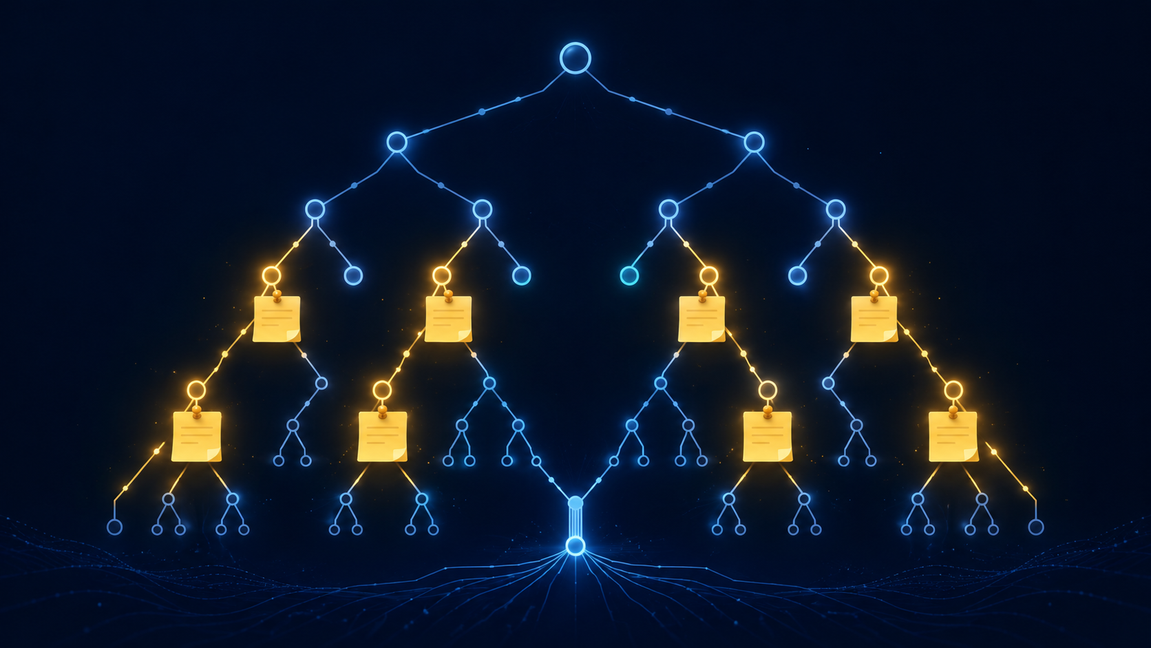 Editorial illustration of a glowing recursive call tree made of circuit-like nodes, with small memo cards pinned to repeated branches as if the tree is remembering answers it already computed. Pinned branches glow warm gold and the repetition collapses where memos are pinned, representing memoization caching and reusing results.