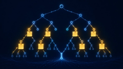 Editorial illustration of a glowing recursive call tree made of circuit-like nodes, with small memo cards pinned to repeated branches as if the tree is remembering answers it already computed. Pinned branches glow warm gold and the repetition collapses where memos are pinned, representing memoization caching and reusing results.