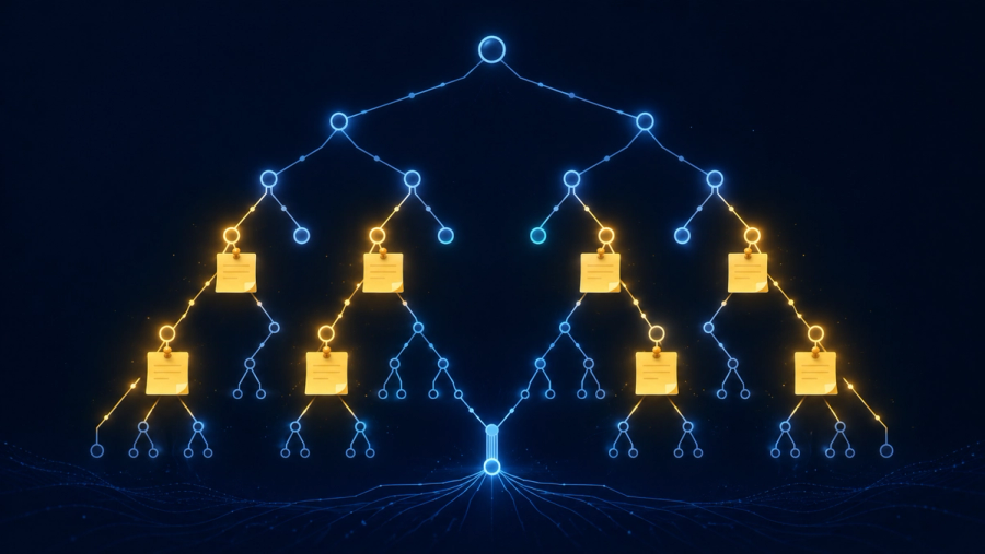 Editorial illustration of a glowing recursive call tree made of circuit-like nodes, with small memo cards pinned to repeated branches as if the tree is remembering answers it already computed. Pinned branches glow warm gold and the repetition collapses where memos are pinned, representing memoization caching and reusing results.