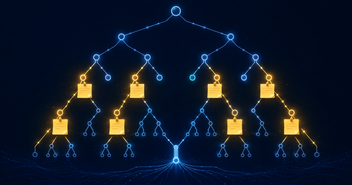Editorial illustration of a glowing recursive call tree made of circuit-like nodes, with small memo cards pinned to repeated branches as if the tree is remembering answers it already computed. Pinned branches glow warm gold and the repetition collapses where memos are pinned, representing memoization caching and reusing results.