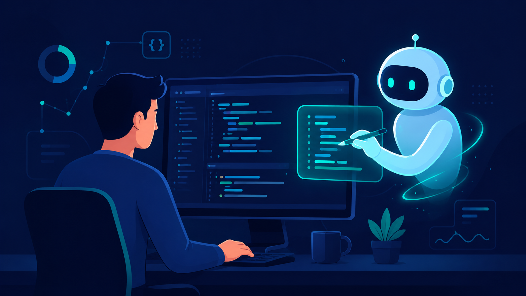 A software engineer reviewing code alongside an AI coding assistant