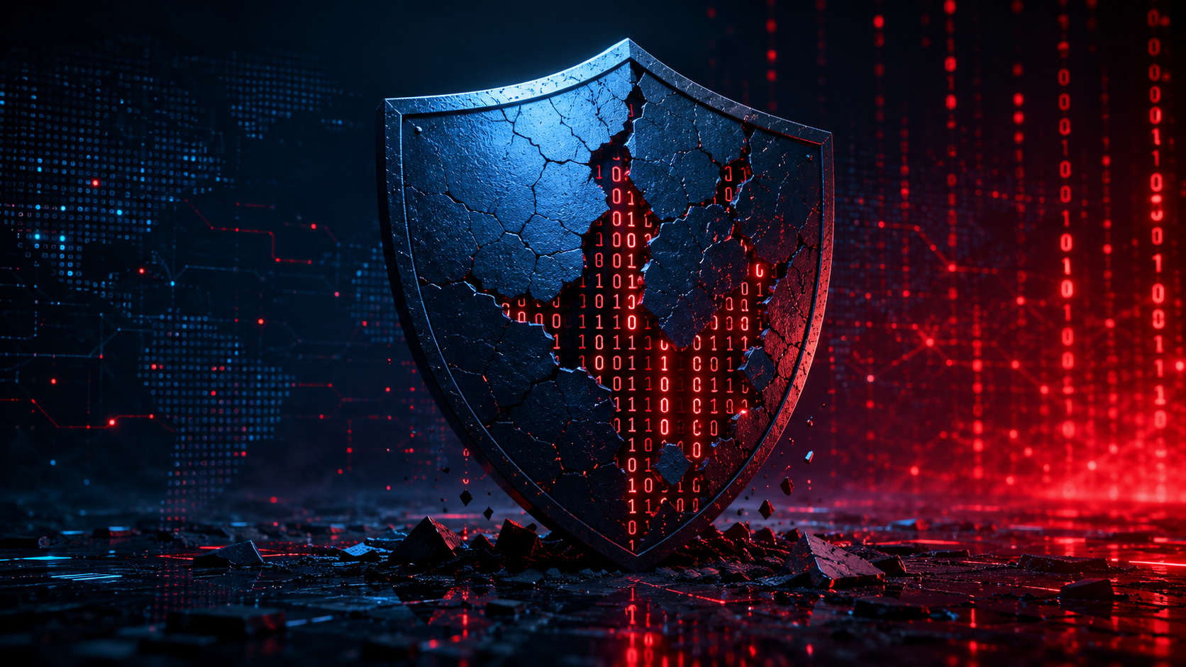 A cracked digital shield with binary code streaming through, representing vibe coding security vulnerabilities